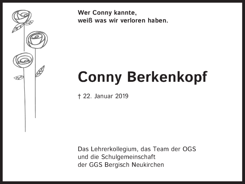  Traueranzeige für Conny Berkenkopf vom 31.01.2019 aus Kölner Stadt-Anzeiger / Kölnische Rundschau / Express