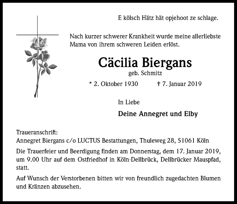  Traueranzeige für Cäcilia Biergans vom 12.01.2019 aus Kölner Stadt-Anzeiger / Kölnische Rundschau / Express