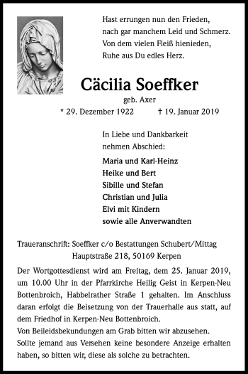 Anzeige von Cäcilia Soeffker von Kölner Stadt-Anzeiger / Kölnische Rundschau / Express