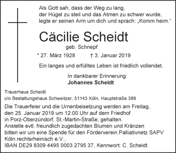Anzeige von Cäcilie Scheidt von  Kölner Wochenspiegel 
