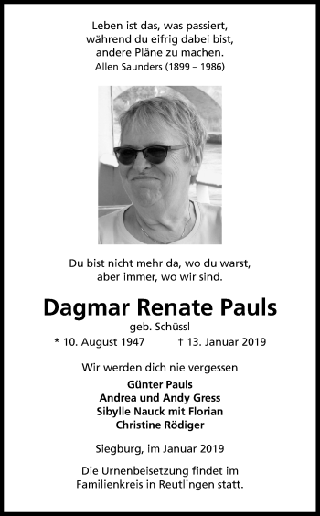 Anzeige von Dagmar Renate Pauls von Kölner Stadt-Anzeiger / Kölnische Rundschau / Express