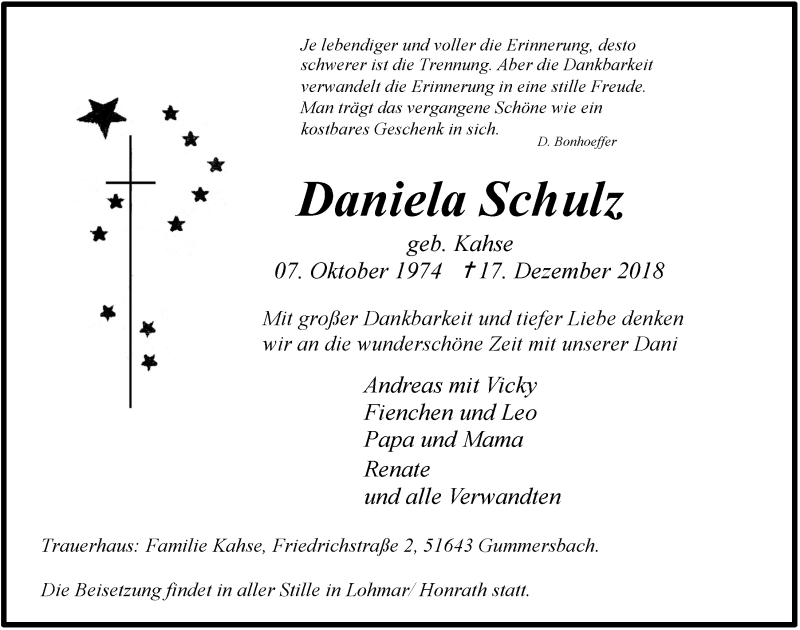  Traueranzeige für Daniela Schulz vom 09.01.2019 aus  Anzeigen Echo 