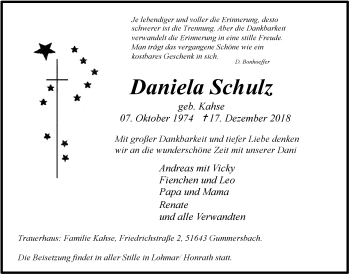 Anzeige von Daniela Schulz von  Anzeigen Echo 