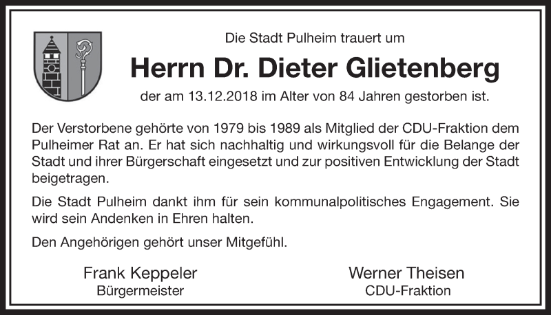  Traueranzeige für Dieter Glietenberg vom 12.01.2019 aus  Sonntags-Post 