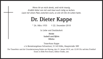 Anzeige von Dieter Kappe von  Kölner Wochenspiegel 