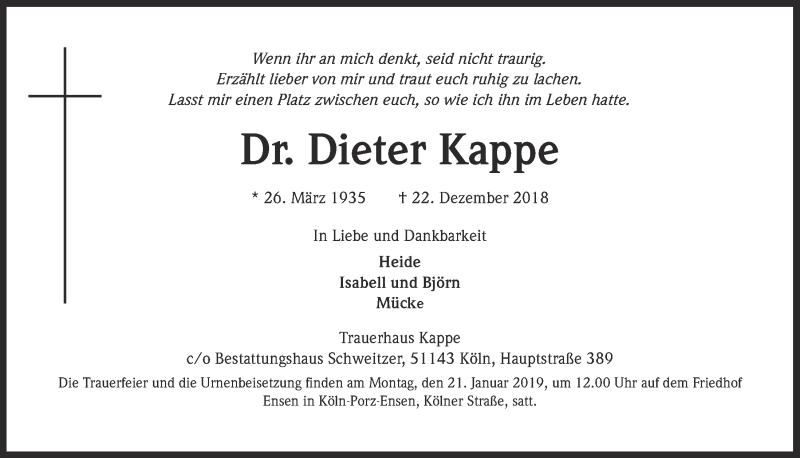  Traueranzeige für Dieter Kappe vom 16.01.2019 aus  Kölner Wochenspiegel 