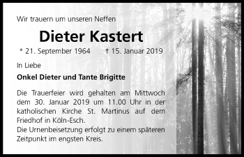 Anzeige von Dieter Kastert von Kölner Stadt-Anzeiger / Kölnische Rundschau / Express