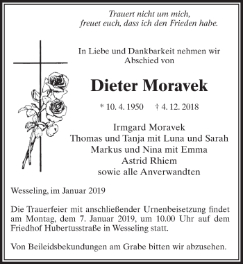 Anzeige von Dieter Moravek von  Schlossbote/Werbekurier 