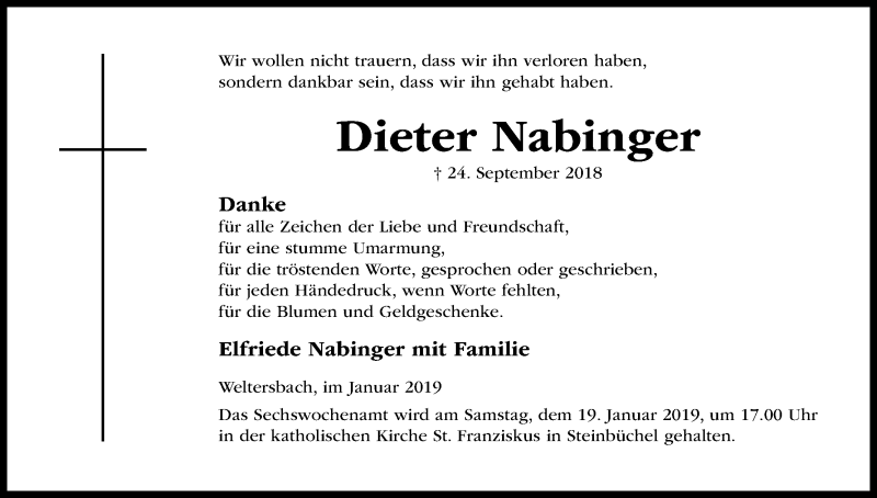  Traueranzeige für Dieter Nabinger vom 05.01.2019 aus Kölner Stadt-Anzeiger / Kölnische Rundschau / Express