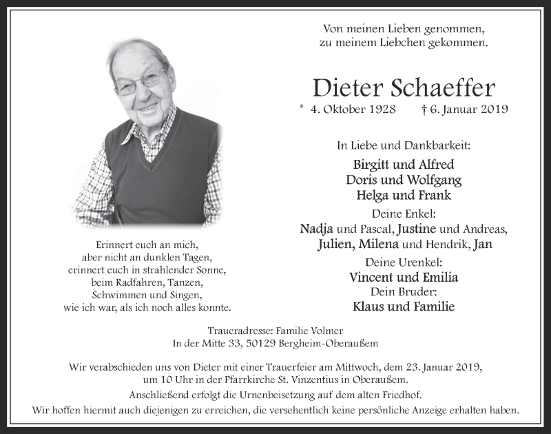  Traueranzeige für Dieter Schaeffer vom 16.01.2019 aus  Werbepost 