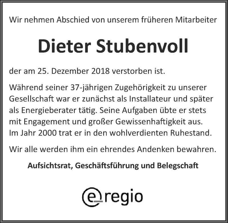  Traueranzeige für Dieter Stubenvoll vom 05.01.2019 aus  Blickpunkt Euskirchen 
