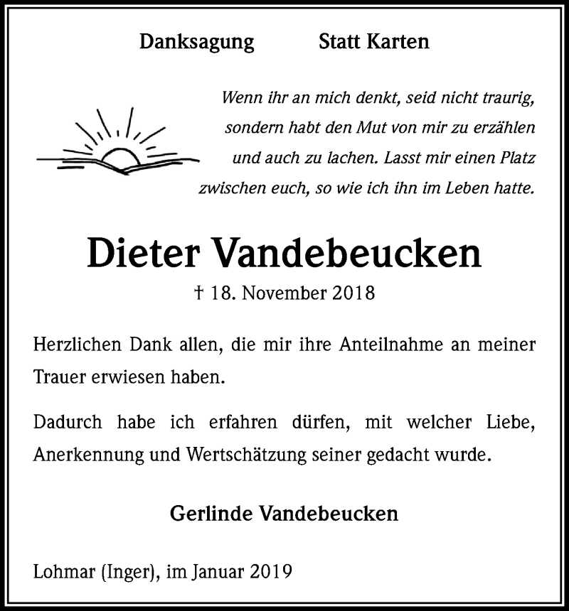  Traueranzeige für Dieter Vandebeucken vom 11.01.2019 aus Kölner Stadt-Anzeiger / Kölnische Rundschau / Express