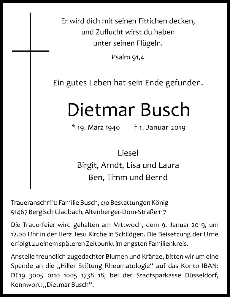  Traueranzeige für Dietmar Busch vom 05.01.2019 aus Kölner Stadt-Anzeiger / Kölnische Rundschau / Express