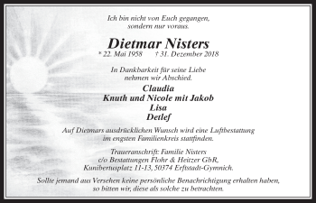 Anzeige von Dietmar Nisters von  Schlossbote/Werbekurier  Werbepost 