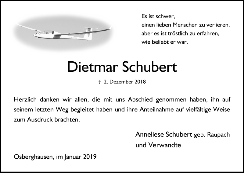  Traueranzeige für Dietmar Schubert vom 18.01.2019 aus Kölner Stadt-Anzeiger / Kölnische Rundschau / Express
