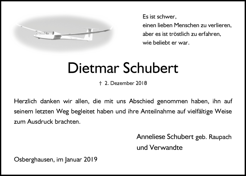  Traueranzeige für Dietmar Schubert vom 16.01.2019 aus  Anzeigen Echo 