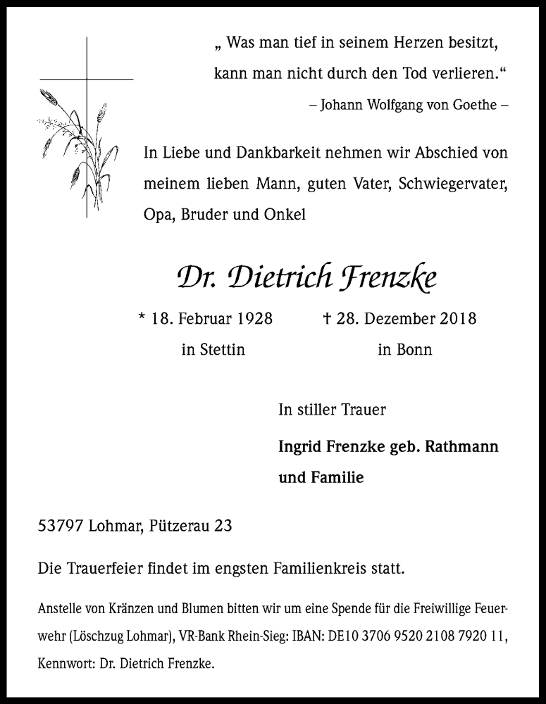  Traueranzeige für Dietrich Frenzke vom 05.01.2019 aus Kölner Stadt-Anzeiger / Kölnische Rundschau / Express