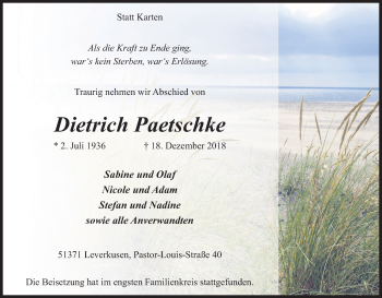Anzeige von Dietrich Paetschke von Kölner Stadt-Anzeiger / Kölnische Rundschau / Express