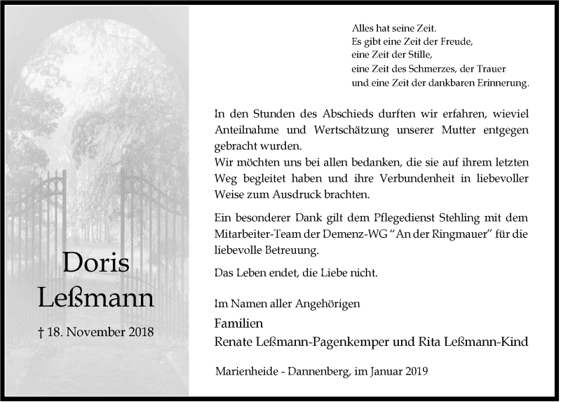  Traueranzeige für Doris Leßmann vom 16.01.2019 aus  Anzeigen Echo 