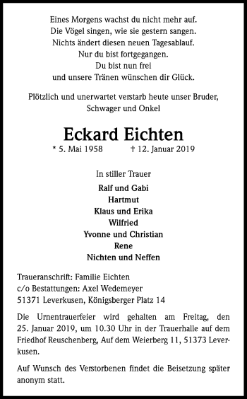Anzeige von Eckard Eichten von Kölner Stadt-Anzeiger / Kölnische Rundschau / Express