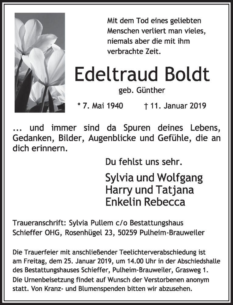  Traueranzeige für Edeltraud Boldt vom 19.01.2019 aus  Sonntags-Post 