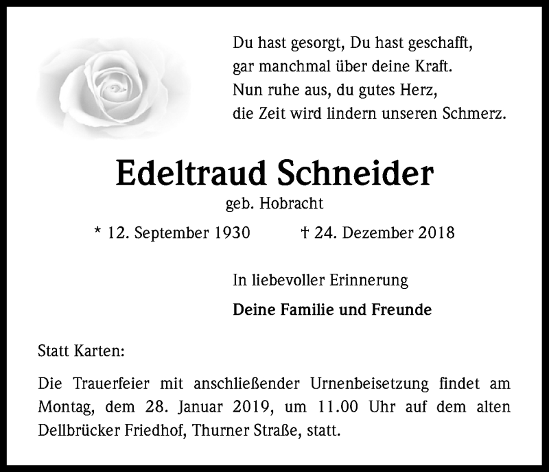  Traueranzeige für Edeltraud Schneider vom 19.01.2019 aus Kölner Stadt-Anzeiger / Kölnische Rundschau / Express