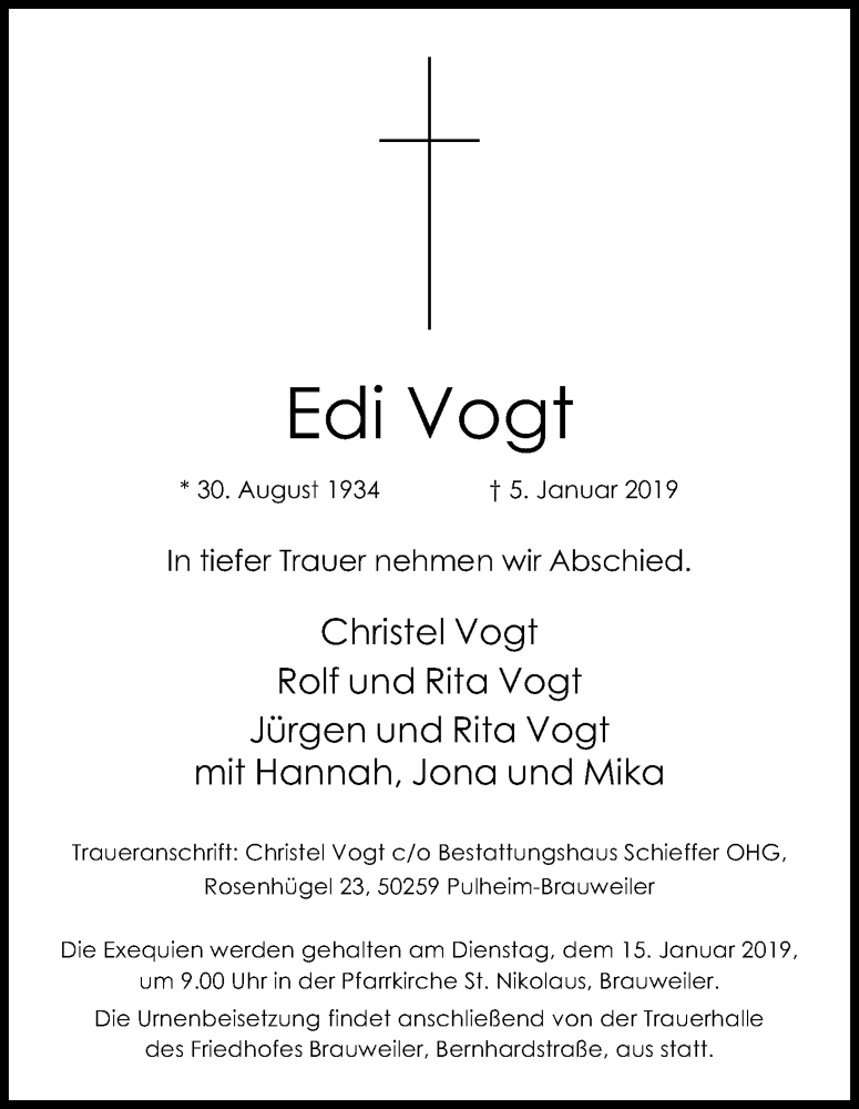  Traueranzeige für Edi Vogt vom 12.01.2019 aus Kölner Stadt-Anzeiger / Kölnische Rundschau / Express