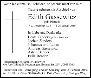 Anzeige von Edith Gassewicz von Kölner Stadt-Anzeiger / Kölnische Rundschau / Express