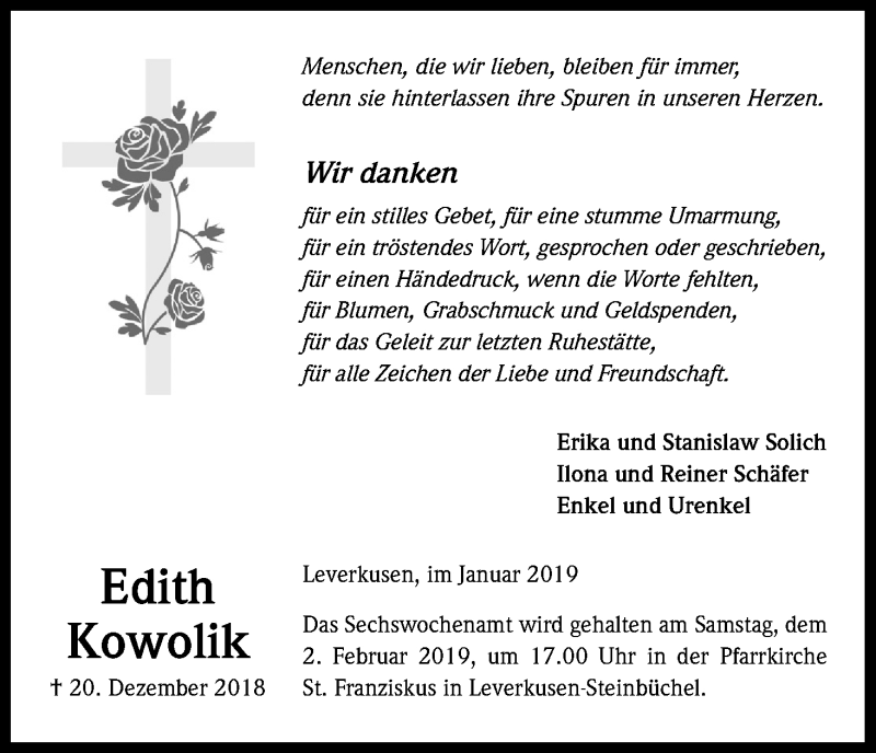  Traueranzeige für Edith Kowolik vom 12.01.2019 aus Kölner Stadt-Anzeiger / Kölnische Rundschau / Express