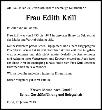 Anzeige von Edith Krill von Kölner Stadt-Anzeiger / Kölnische Rundschau / Express