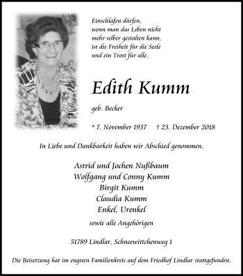 Anzeige von Edith Kumm von Kölner Stadt-Anzeiger / Kölnische Rundschau / Express
