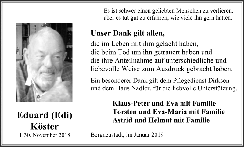  Traueranzeige für Eduard Köster vom 19.01.2019 aus Kölner Stadt-Anzeiger / Kölnische Rundschau / Express