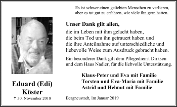 Anzeige von Eduard Köster von Kölner Stadt-Anzeiger / Kölnische Rundschau / Express