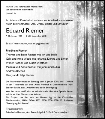 Anzeige von Eduard Riemer von Kölner Stadt-Anzeiger / Kölnische Rundschau / Express