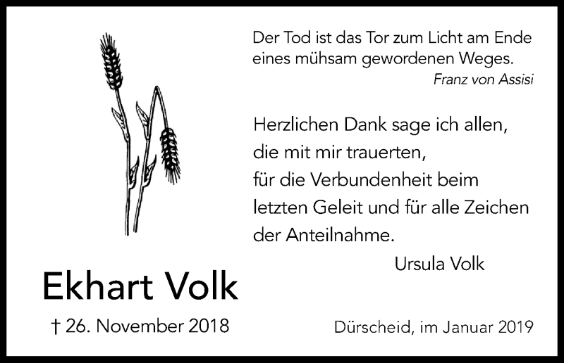  Traueranzeige für Ekhart Volk vom 12.01.2019 aus Kölner Stadt-Anzeiger / Kölnische Rundschau / Express