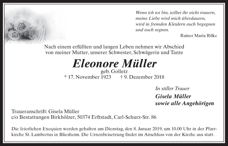  Traueranzeige für Eleonore Müller vom 02.01.2019 aus  Werbepost 