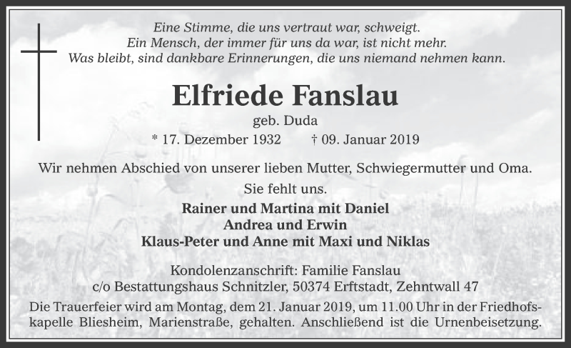  Traueranzeige für Elfriede Fanslau vom 16.01.2019 aus  Werbepost 