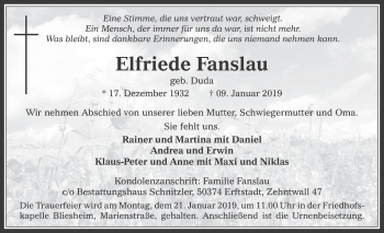 Anzeige von Elfriede Fanslau von  Werbepost 