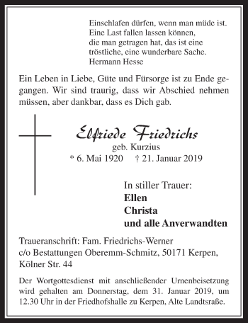 Anzeige von Elfriede Friedrichs von  Werbepost 