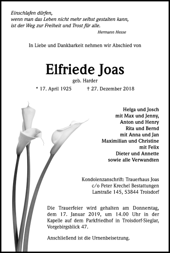 Anzeige von Elfriede Joas von Kölner Stadt-Anzeiger / Kölnische Rundschau / Express