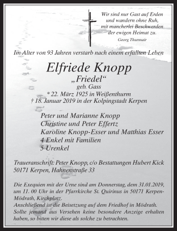 Anzeige von Elfriede Knopp von  Werbepost 