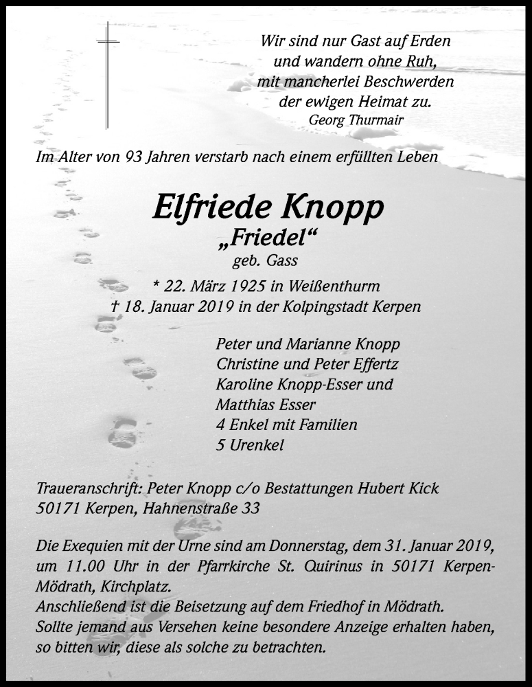  Traueranzeige für Elfriede Knopp vom 26.01.2019 aus Kölner Stadt-Anzeiger / Kölnische Rundschau / Express