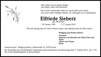 Anzeige von Elfriede Sieberz von Kölner Stadt-Anzeiger / Kölnische Rundschau / Express