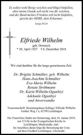 Anzeige von Elfriede Wilhelm von Kölner Stadt-Anzeiger / Kölnische Rundschau / Express