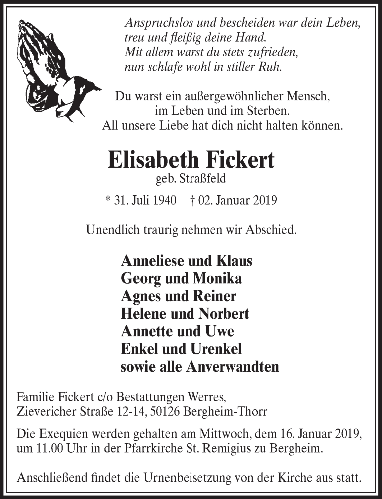  Traueranzeige für Elisabeth Fickert vom 12.01.2019 aus  Sonntags-Post 