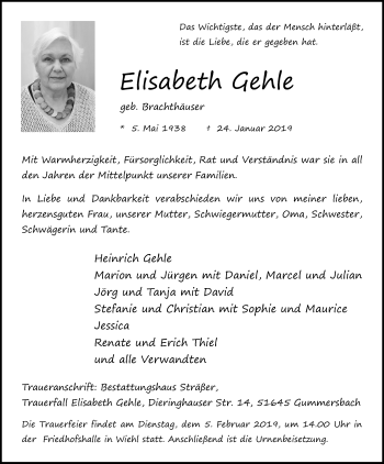 Anzeige von Elisabeth Gehle von Kölner Stadt-Anzeiger / Kölnische Rundschau / Express