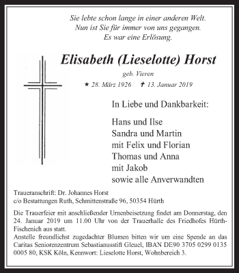 Anzeige von Elisabeth Horst von  Wochenende 