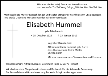 Anzeige von Elisabeth Hummel von Kölner Stadt-Anzeiger / Kölnische Rundschau / Express
