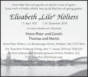 Anzeige von Elisabeth Hölters von  Kölner Wochenspiegel 