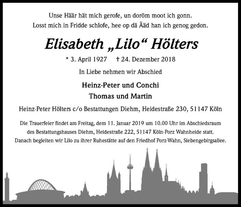  Traueranzeige für Elisabeth Hölters vom 09.01.2019 aus Kölner Stadt-Anzeiger / Kölnische Rundschau / Express